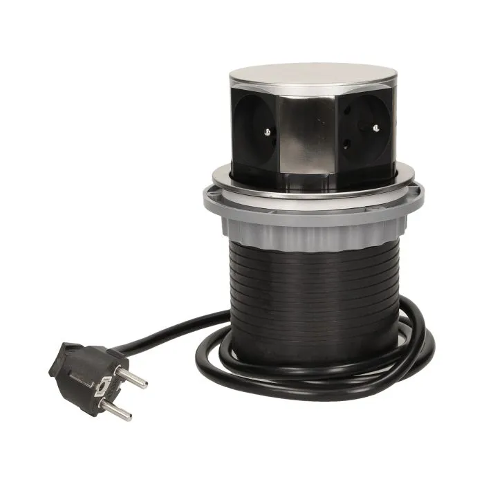 141126 - Flush-fitting furniture socket with 1.5m cable, INOX power supply: 230V AC, number of sockets: 4x16A/230V AC, max. load: 3680W, protection rating: IP20