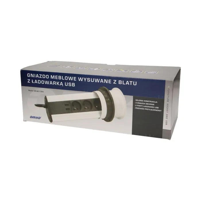 141123 - Pop up desk socket ⌀10cm with USB chargers and 1.8m cable, INOX 3 x 230V AC/16A; 3680W; IP20; cabel lenght 1,8 m, 2xUSB; for use in furniture, INOX