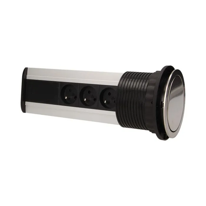 141123 - Pop up desk socket ⌀10cm with USB chargers and 1.8m cable, INOX 3 x 230V AC/16A; 3680W; IP20; cabel lenght 1,8 m, 2xUSB; for use in furniture, INOX