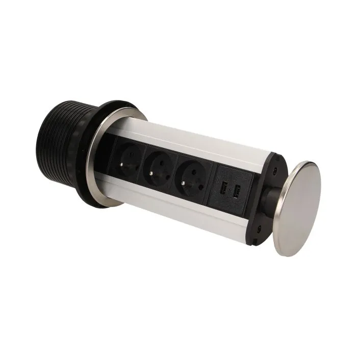 141123 - Pop up desk socket ⌀10cm with USB chargers and 1.8m cable, INOX 3 x 230V AC/16A; 3680W; IP20; cabel lenght 1,8 m, 2xUSB; for use in furniture, INOX