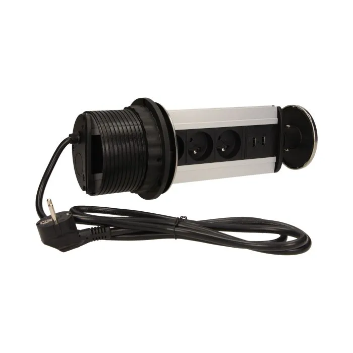 141123 - Pop up desk socket ⌀10cm with USB chargers and 1.8m cable, INOX 3 x 230V AC/16A; 3680W; IP20; cabel lenght 1,8 m, 2xUSB; for use in furniture, INOX