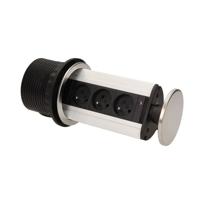 141122 - Pop up desk socket ⌀10cm with 1.8m cable, INOX 3 x 230V AC/16A; 3680W; IP20; cabel lenght 1,8 m,  for use in furniture; INOX