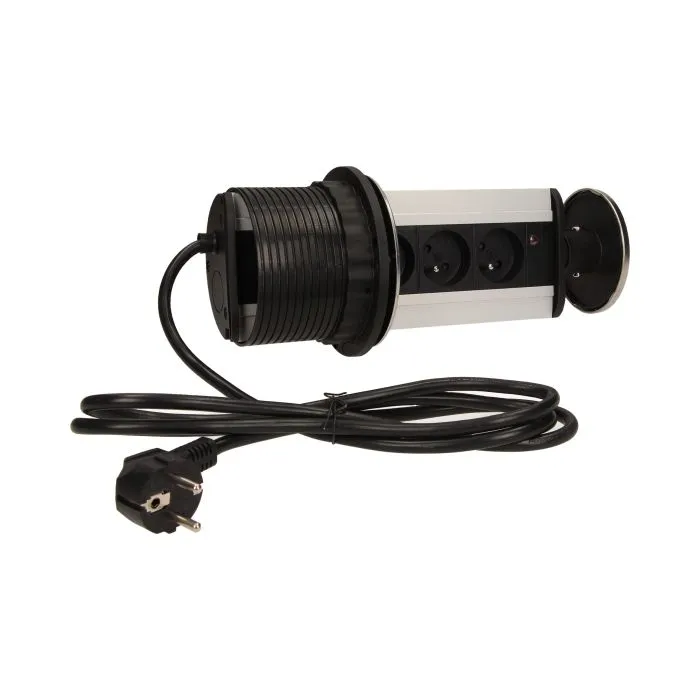 141122 - Pop up desk socket ⌀10cm with 1.8m cable, INOX 3 x 230V AC/16A; 3680W; IP20; cabel lenght 1,8 m,  for use in furniture; INOX