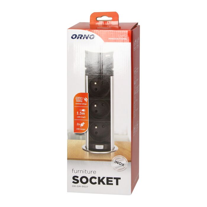 141121 - Recessed furniture socket Ø6cm with USB charger and 1.5m cable, 3x2P+E, 2xUSB (type A and C), INOX