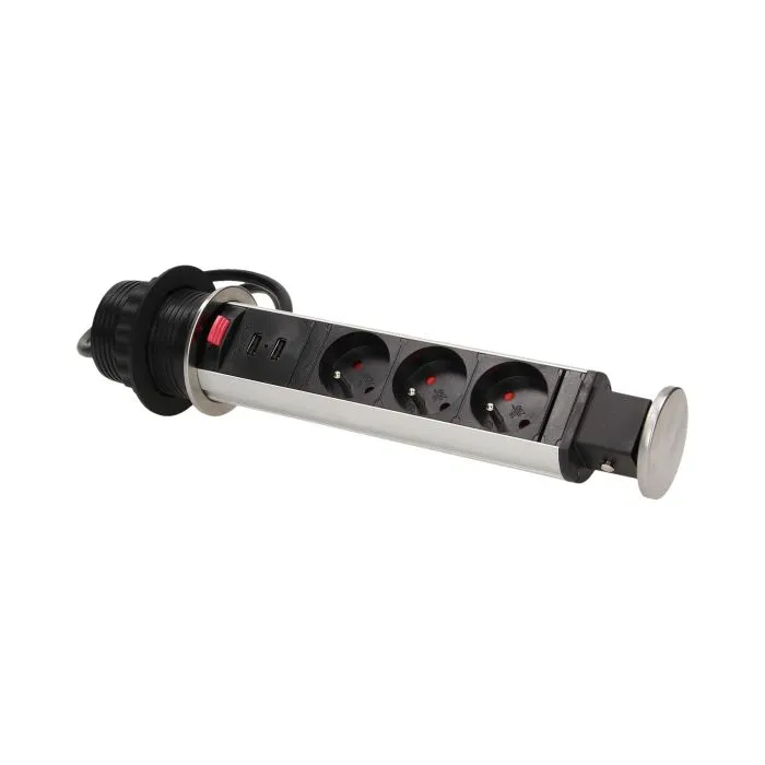 141120 - Pop up desk socket ⌀6cm with USB chargers and 1.8m cable, INOX 3 x 230V AC/16A; 3680W; IP20; cabel lenght 1,8 m, 2xUSB; for use in furniture; INOX