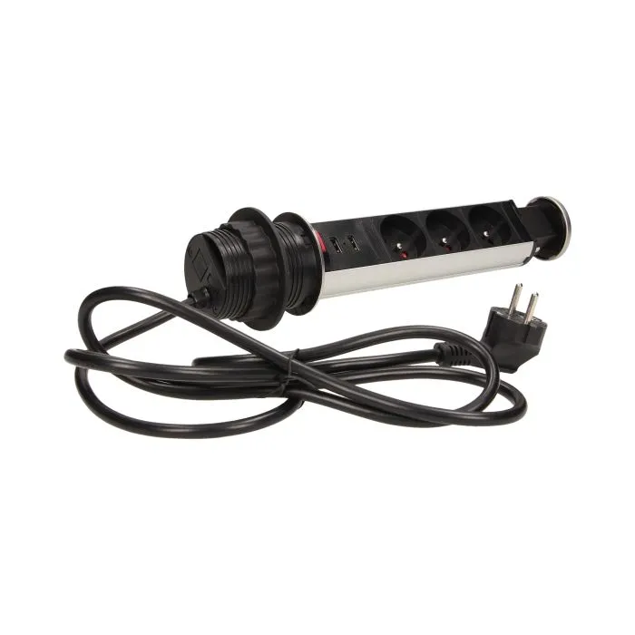 141120 - Pop up desk socket ⌀6cm with USB chargers and 1.8m cable, INOX 3 x 230V AC/16A; 3680W; IP20; cabel lenght 1,8 m, 2xUSB; for use in furniture; INOX