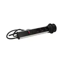 141120 - Pop up desk socket ⌀6cm with USB chargers and 1.8m cable, INOX 3 x 230V AC/16A; 3680W; IP20; cabel lenght 1,8 m, 2xUSB; for use in furniture; INOX