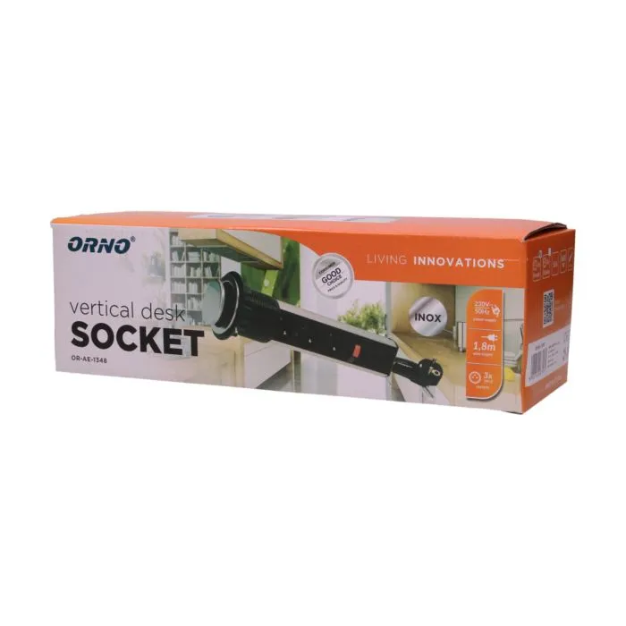 141117 - Pop up desk socket ⌀6cm with 1.8m cable, INOX 3 x 230V AC/16A; 3680W; IP20; cabel lenght 1.8 m, for use in furniture; INOX