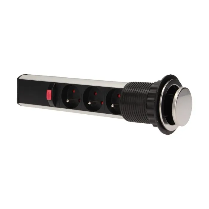 141117 - Pop up desk socket ⌀6cm with 1.8m cable, INOX 3 x 230V AC/16A; 3680W; IP20; cabel lenght 1.8 m, for use in furniture; INOX