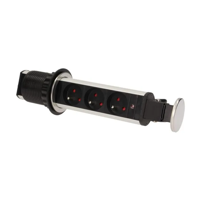 141117 - Pop up desk socket ⌀6cm with 1.8m cable, INOX 3 x 230V AC/16A; 3680W; IP20; cabel lenght 1.8 m, for use in furniture; INOX