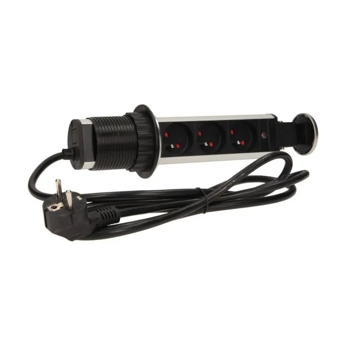 141117 - Pop up desk socket ⌀6cm with 1.8m cable, INOX 3 x 230V AC/16A; 3680W; IP20; cabel lenght 1.8 m, for use in furniture; INOX