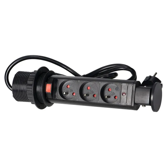 141116 - Pop up Ø6cm desk socket, black with 1.8m cable and locking system, 3x2P+E
