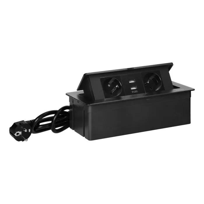 141114 - Set of furniture sockets REDE, 2x2P+E, 2xUSB with 1.5m cable, black