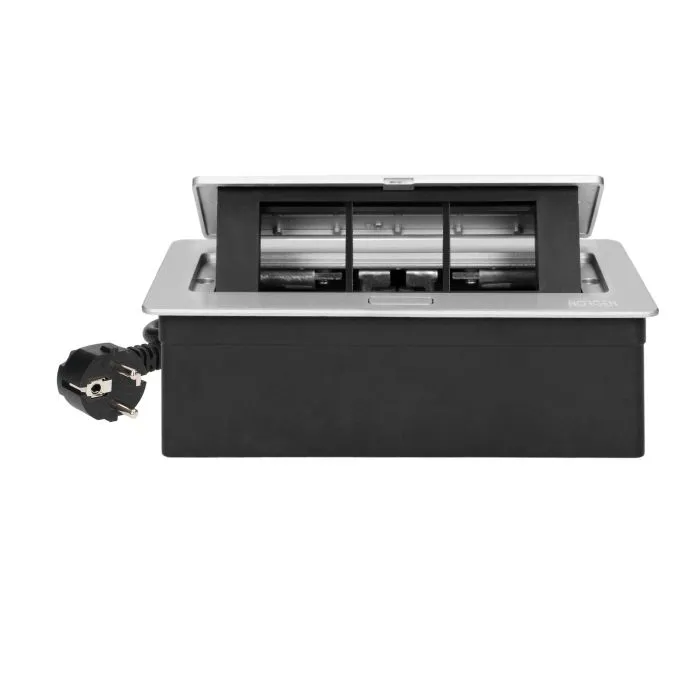 141111 - Recessed furniture connection panel NOEN for module sockets, silver composed of an empty aluminium case and an integrated PVC frame; can house 3 NOEN socket or port modules, 45x45mm each
