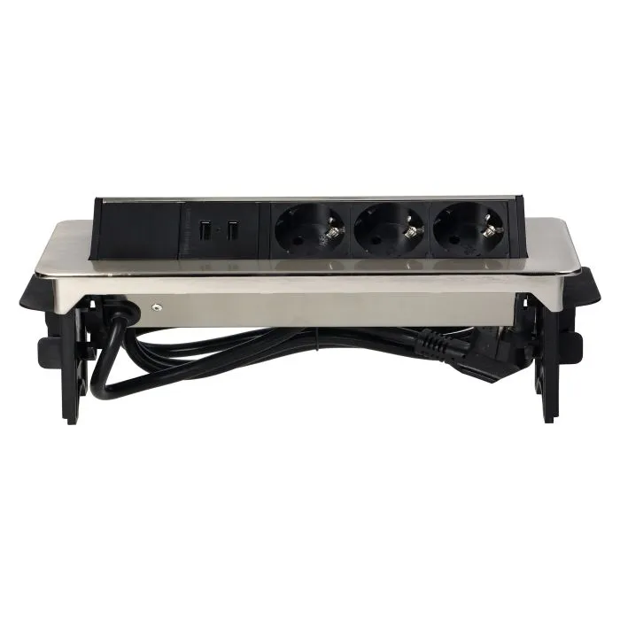 141106 - Recessed furniture sockets in nickel housing with two USB chargers and 1.8m cable, 3x2P+E (Schuko), 2xUSB