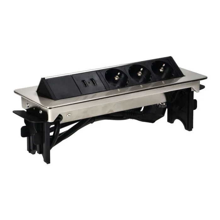 141106 - Recessed furniture sockets in nickel housing with two USB chargers and 1.8m cable, 3x2P+E (Schuko), 2xUSB