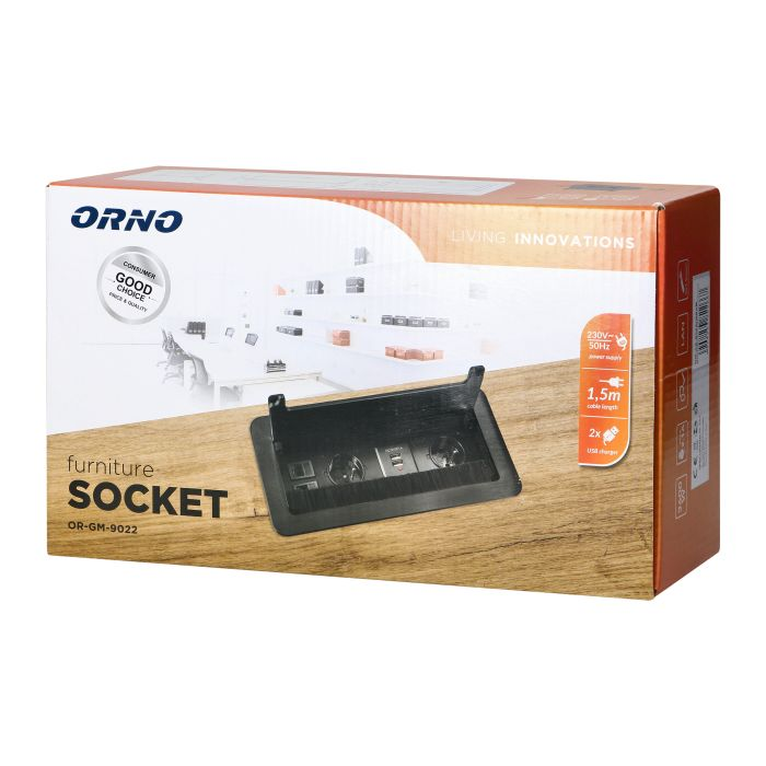 141105 - Flush-mounted furniture Schuko socket, black with flat milled edge, anti-dust brush, USB charger and 1.5m cable, 2x2P+E, 2xUSB, 2xNET