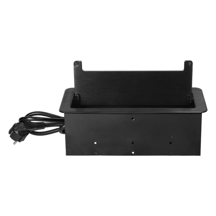 141105 - Flush-mounted furniture Schuko socket, black with flat milled edge, anti-dust brush, USB charger and 1.5m cable, 2x2P+E, 2xUSB, 2xNET