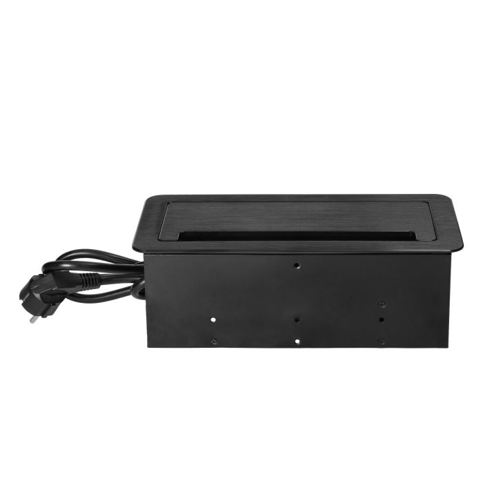 141105 - Flush-mounted furniture Schuko socket, black with flat milled edge, anti-dust brush, USB charger and 1.5m cable, 2x2P+E, 2xUSB, 2xNET