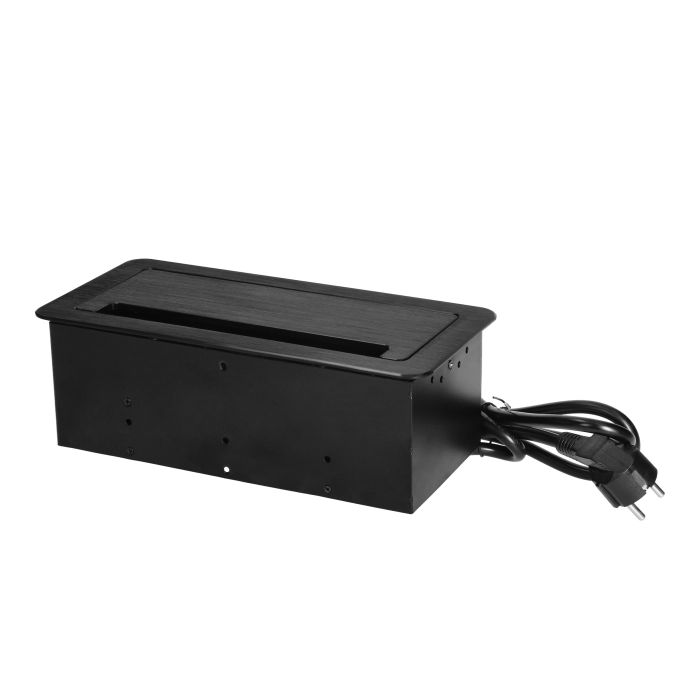 141105 - Flush-mounted furniture Schuko socket, black with flat milled edge, anti-dust brush, USB charger and 1.5m cable, 2x2P+E, 2xUSB, 2xNET