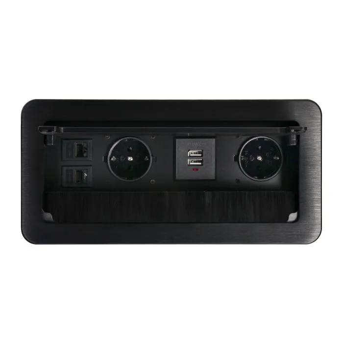 141105 - Flush-mounted furniture Schuko socket, black with flat milled edge, anti-dust brush, USB charger and 1.5m cable, 2x2P+E, 2xUSB, 2xNET