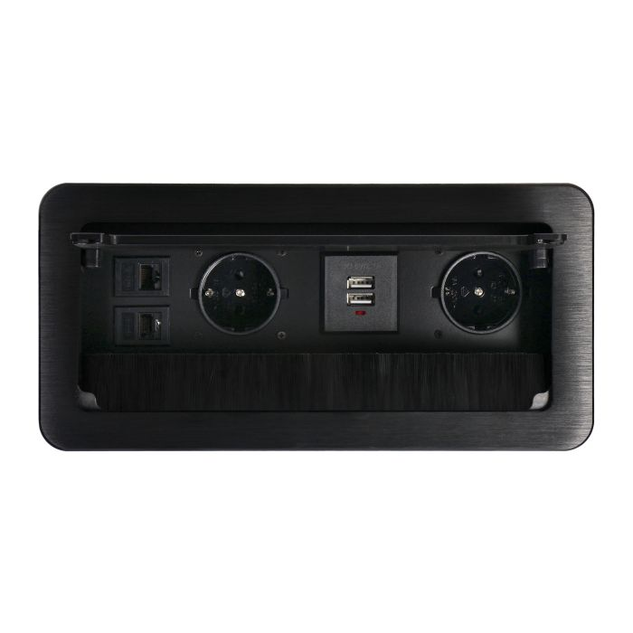 141105 - Flush-mounted furniture Schuko socket, black with flat milled edge, anti-dust brush, USB charger and 1.5m cable, 2x2P+E, 2xUSB, 2xNET