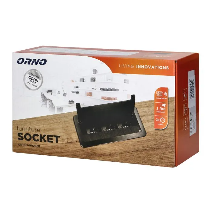 141104 - Recessed furniture socket 3x2P+E (Schuko) with 1.5m cable and anti-dust brush