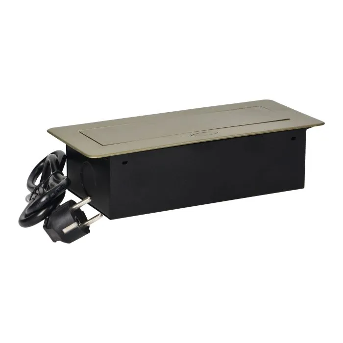 141102 - Recessed furniture socket with two USB chargers and 1.5m long cable, brass 230V AC/ 50 Hz; 2 x 2P+E (Schuko); 3600W; USB output: 5V DC/2,1A; available colors: brass