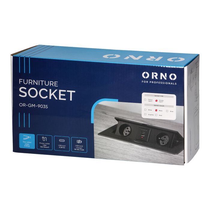 141100 - Recessed furniture socket with flat milled edge, USB charger and 1.5m cable, 2x2P+E (Schuko), 2x USB (type A+C; 3.6A), black