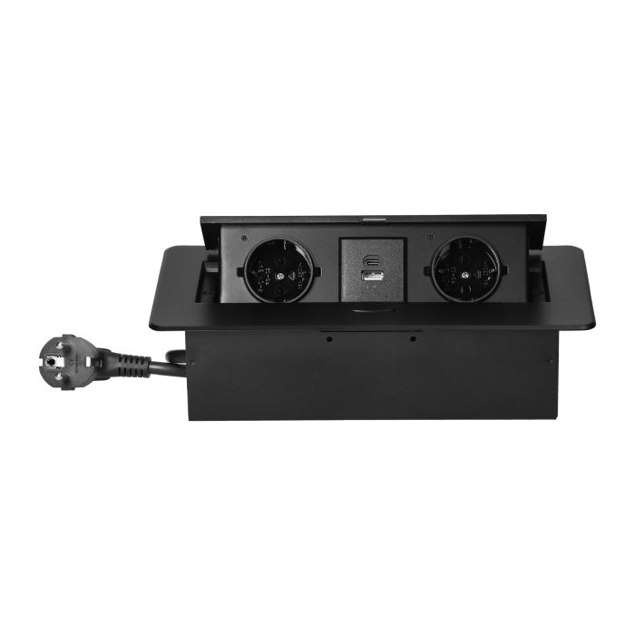 141100 - Recessed furniture socket with flat milled edge, USB charger and 1.5m cable, 2x2P+E (Schuko), 2x USB (type A+C; 3.6A), black