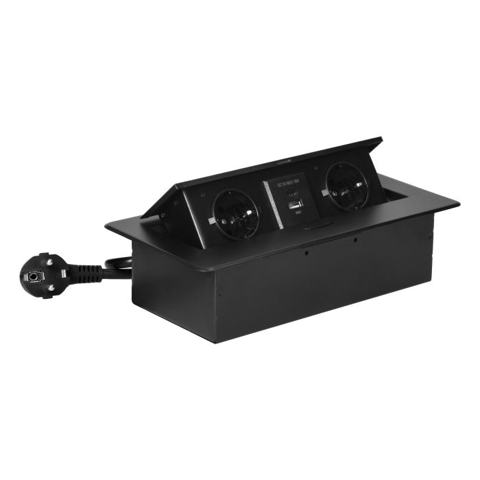 141100 - Recessed furniture socket with flat milled edge, USB charger and 1.5m cable, 2x2P+E (Schuko), 2x USB (type A+C; 3.6A), black