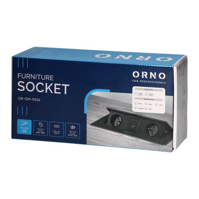 141096 - Recessed furniture socket with flat milled edge and USB charger, 2x2P+E (Schuko),2x USB (type A+C; 3.6A), black