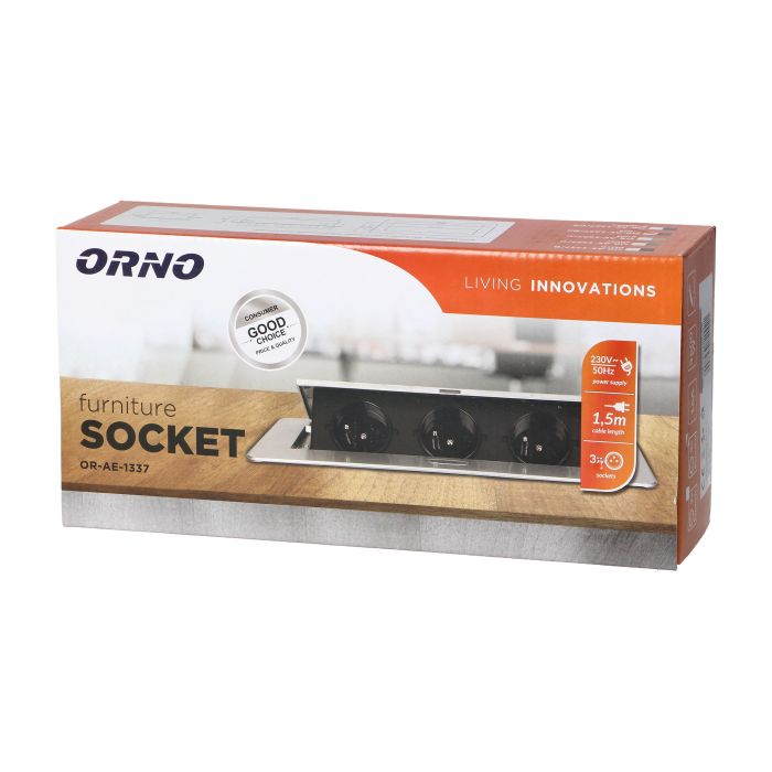 141092 - Recessed furniture sockets, brass color in a housing with a flat edge and a 1.5 m cable, 3x2P+E (Schuko)