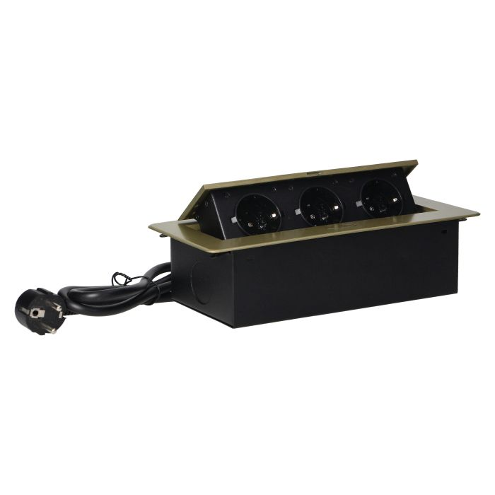 141092 - Recessed furniture sockets, brass color in a housing with a flat edge and a 1.5 m cable, 3x2P+E (Schuko)