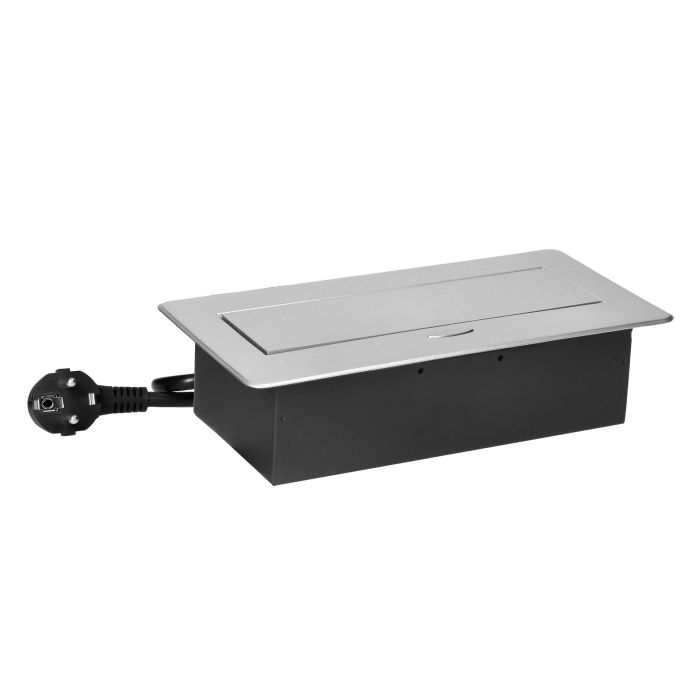 141089 - Recessed furniture socket with flat milled edge, 1.5m cable, 3x2P+E (Schuko), silver