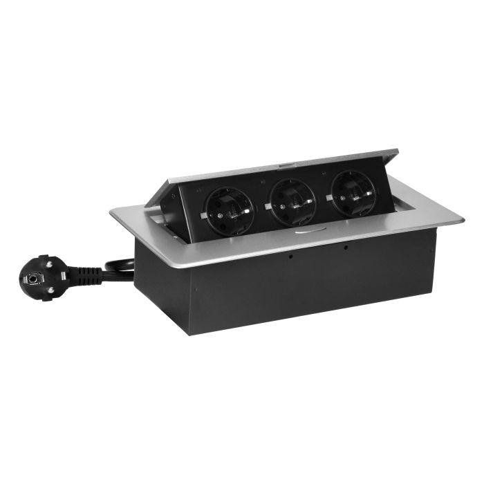 141089 - Recessed furniture socket with flat milled edge, 1.5m cable, 3x2P+E (Schuko), silver