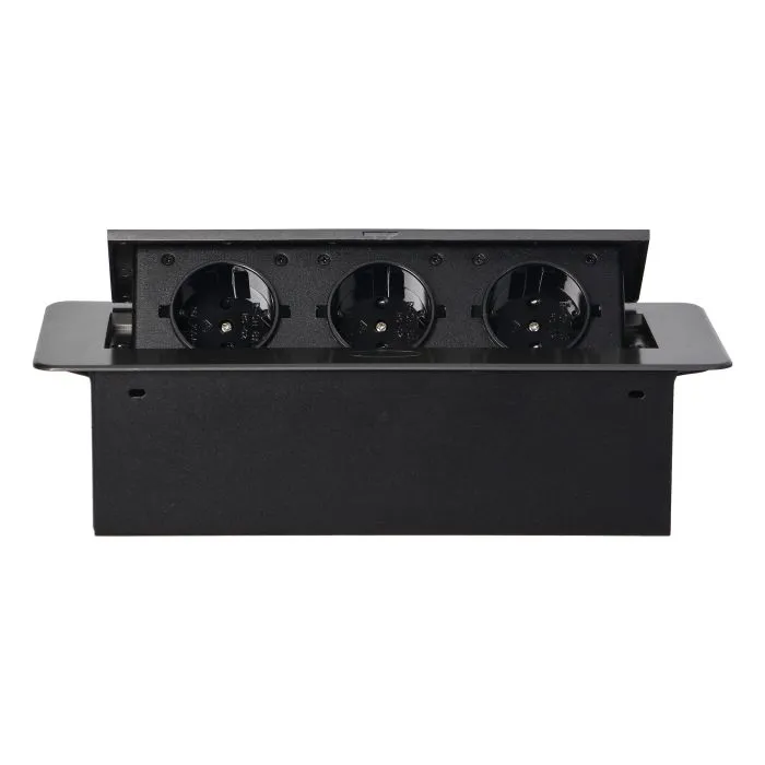 141087 - Recessed furniture sockets, graphite in housing with flat edge, 3x2P+E (Schuko), no cable included
