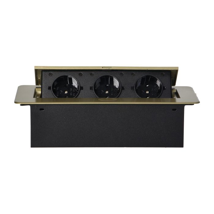 141086 - Recessed furniture sockets, brass color in housing with flat edge, 3x2P+E (Schuko), no cable included