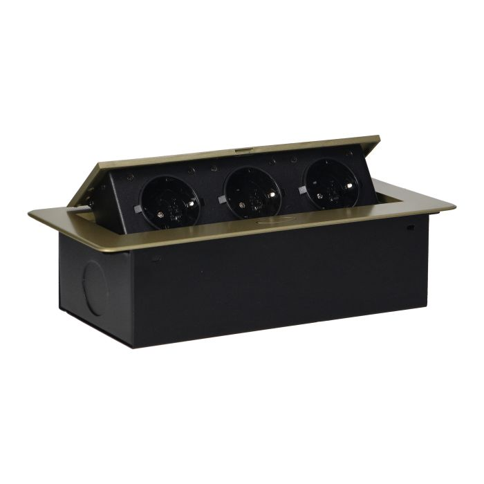 141086 - Recessed furniture sockets, brass color in housing with flat edge, 3x2P+E (Schuko), no cable included