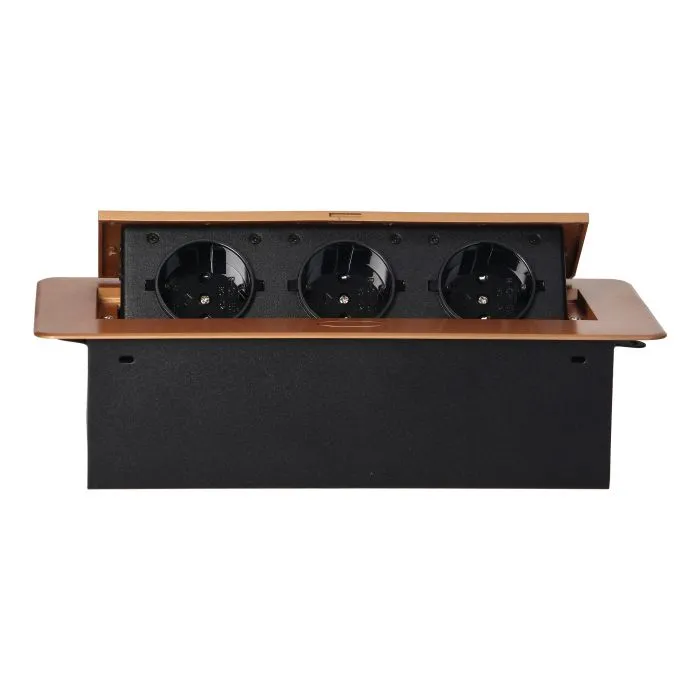 141085 - Recessed furniture sockets, gold in housing with flat edge, 3x2P+E (Schuko), no cable included