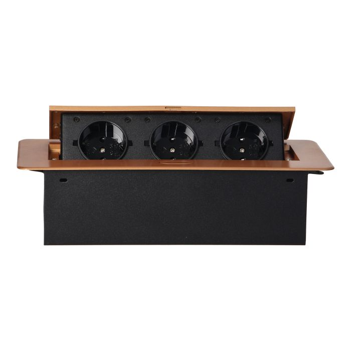 141085 - Recessed furniture sockets, gold in housing with flat edge, 3x2P+E (Schuko), no cable included