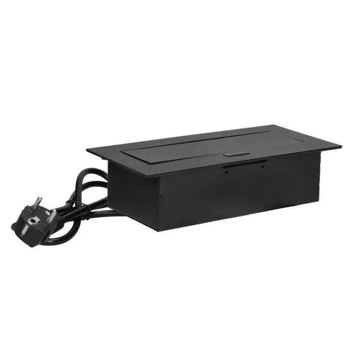 141082 - Recessed furniture socket with flat edge and 1.5m cable, 3x2P+E (Schuko), black