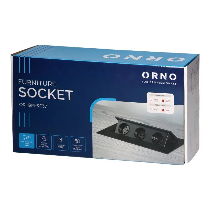 141081 - Recessed furniture socket with flat edge and 1.5m cable, 3x2P+E (Schuko), silver