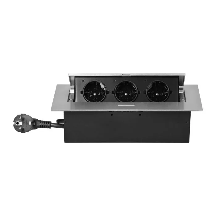 141081 - Recessed furniture socket with flat edge and 1.5m cable, 3x2P+E (Schuko), silver