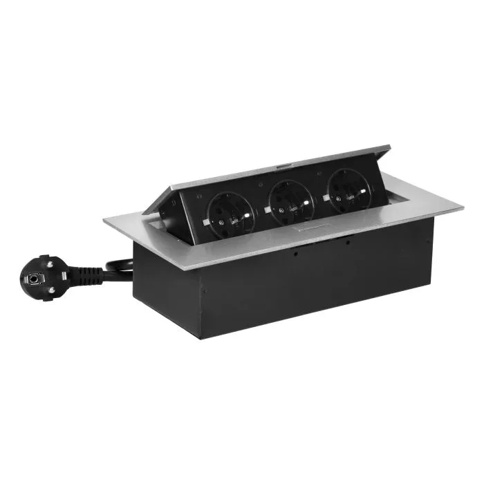 141081 - Recessed furniture socket with flat edge and 1.5m cable, 3x2P+E (Schuko), silver