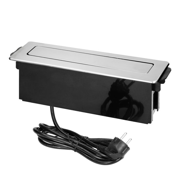 141076 - Recessed furniture power box 3 sockets E type, 2 USB ports, black-silver, INOX, cable is 2 m long