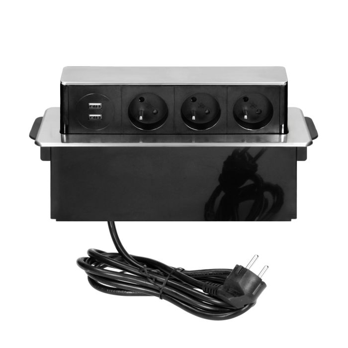 141076 - Recessed furniture power box 3 sockets E type, 2 USB ports, black-silver, INOX, cable is 2 m long
