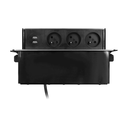 141076 - Recessed furniture power box 3 sockets E type, 2 USB ports, black-silver, INOX, cable is 2 m long