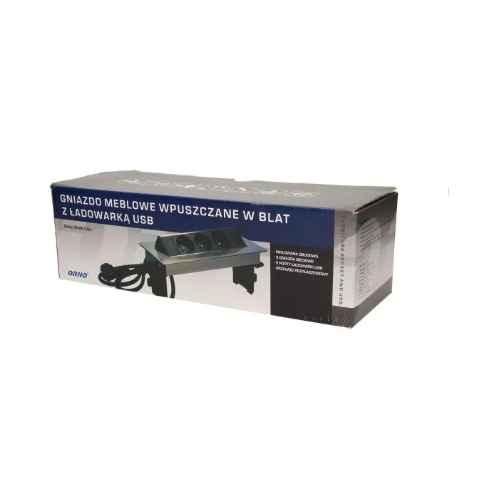 141075 - Recessed furniture socket with two USB chargers and 1.8m cable 3 x 230V AC/16A; 3680W; IP20; 2xUSB; cabel lenght 1,8 m