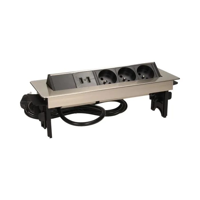 141075 - Recessed furniture socket with two USB chargers and 1.8m cable 3 x 230V AC/16A; 3680W; IP20; 2xUSB; cabel lenght 1,8 m